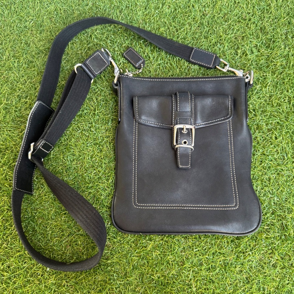 Coach Hampton Soho Black
Leather Flap Crossbody Bag Silver Buckle
Preppy